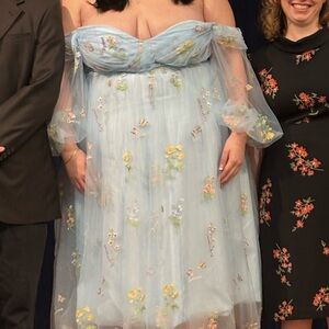 Blue Embellished Off-Shoulder Gown with Ruffled Bishop Sleeves